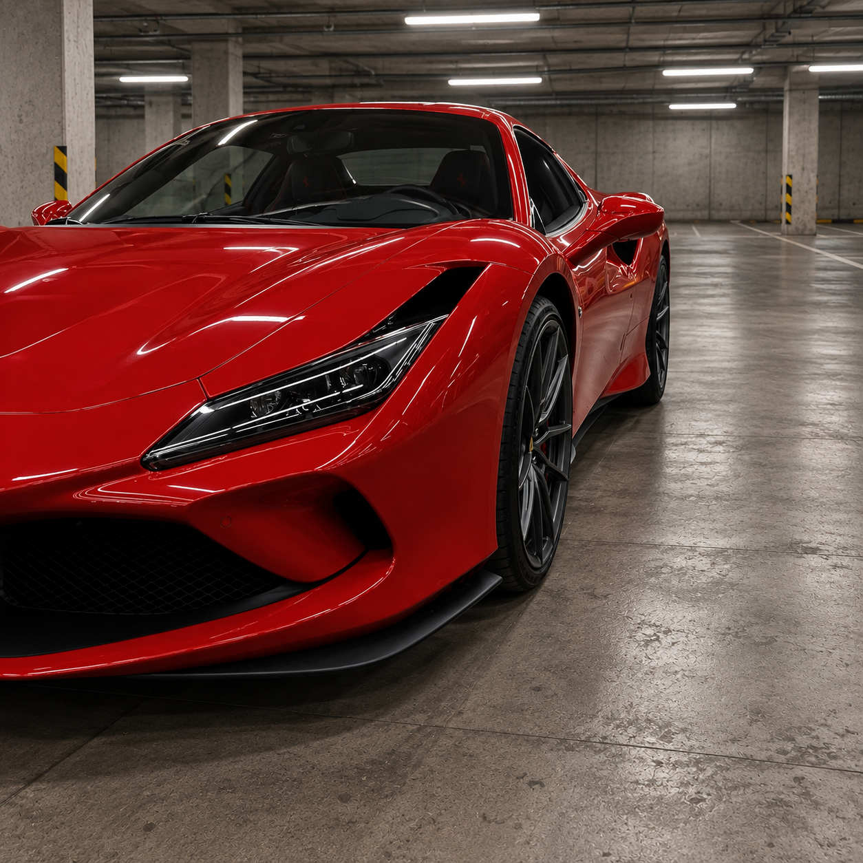 Красная Ferrari в автомобильном паркинге